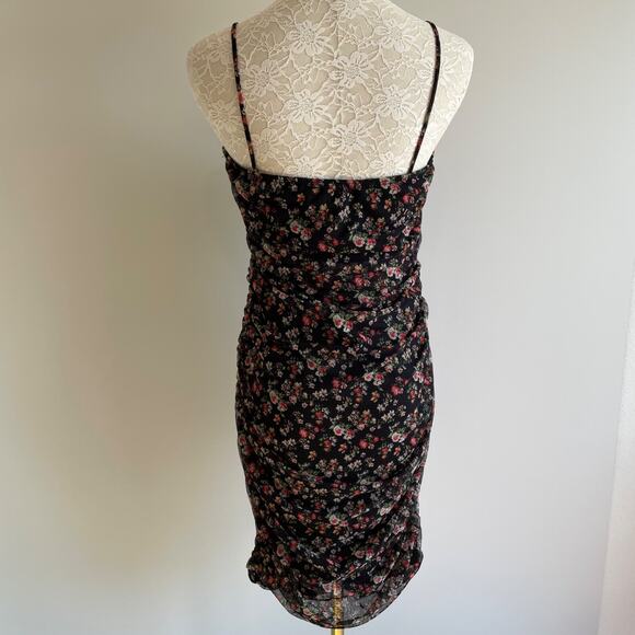 Dainty Floral Chiffon Lace Ruched Mini Dress Size L Black Fairy Whimsy Goth Y2k - Picture 5 of 11